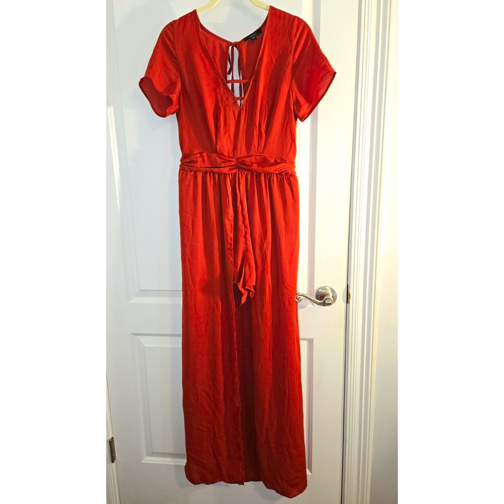 very J Rust Solid V-Neck Tie Front Keyhole Short Sleeve Maxi Dress M